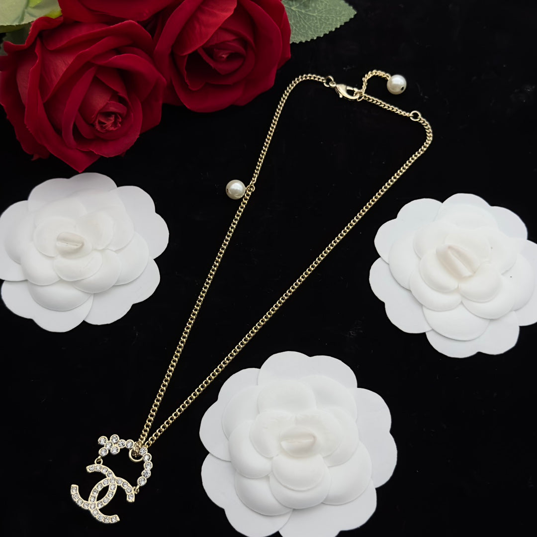 Crystal Interlocking Double-C Charm Curb Chain Necklace with Pearl Accent