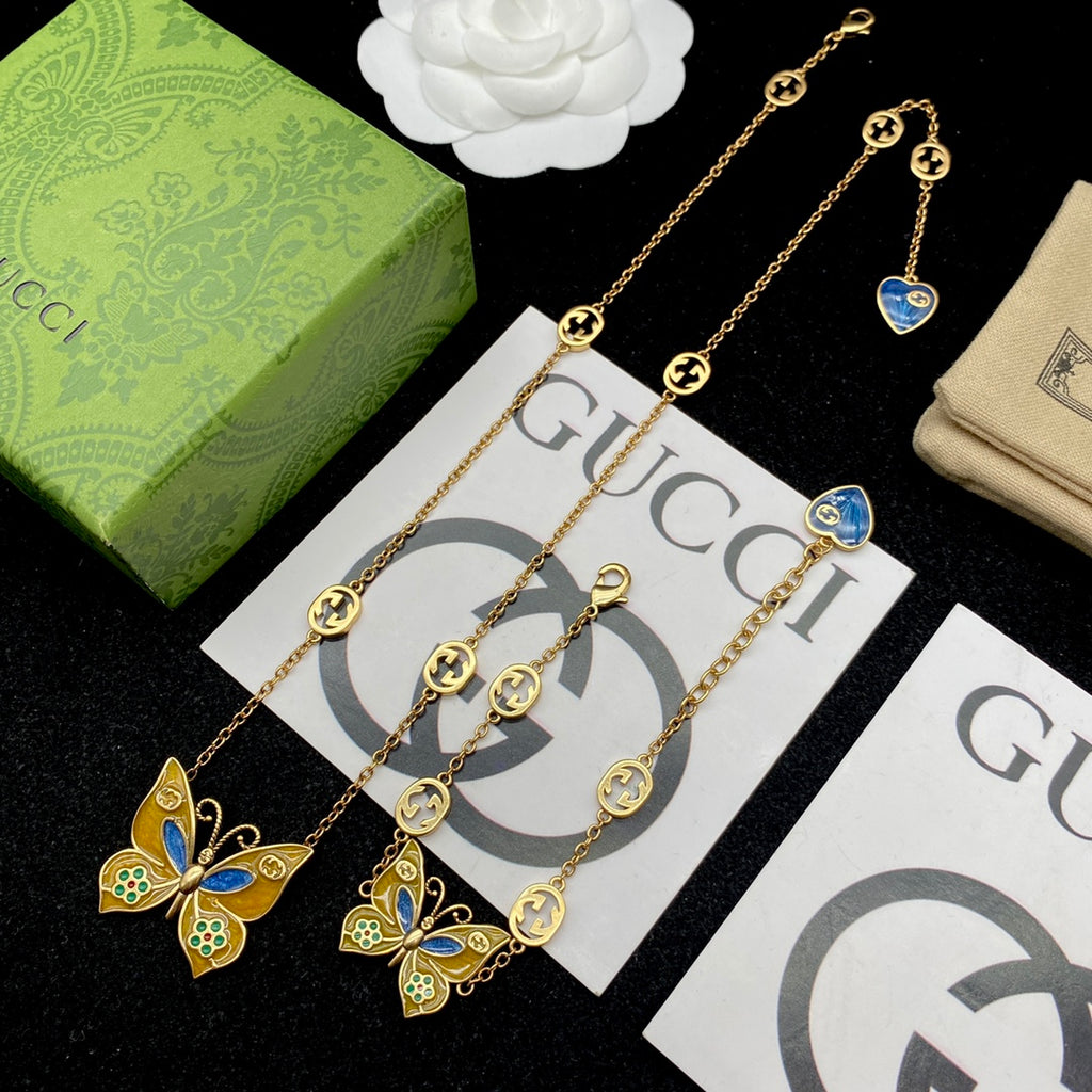 Vintage Cloisonné Butterfly Logo Chain Full Jewelry Set