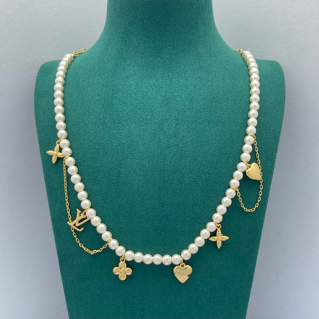 Pearl Strand Necklace with Heart & Floral Multi-Charm