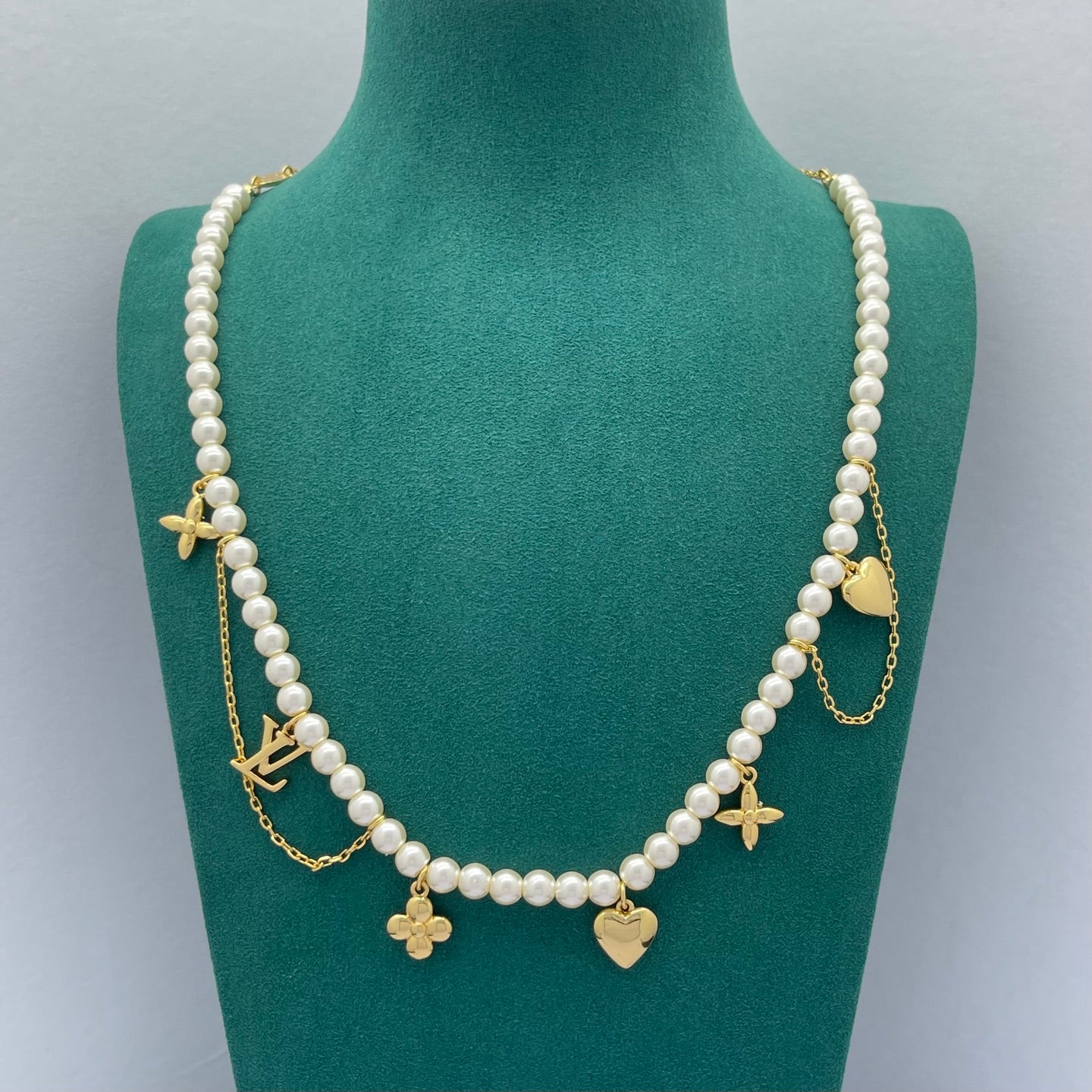 Pearl Strand Necklace with Heart & Floral Multi-Charm