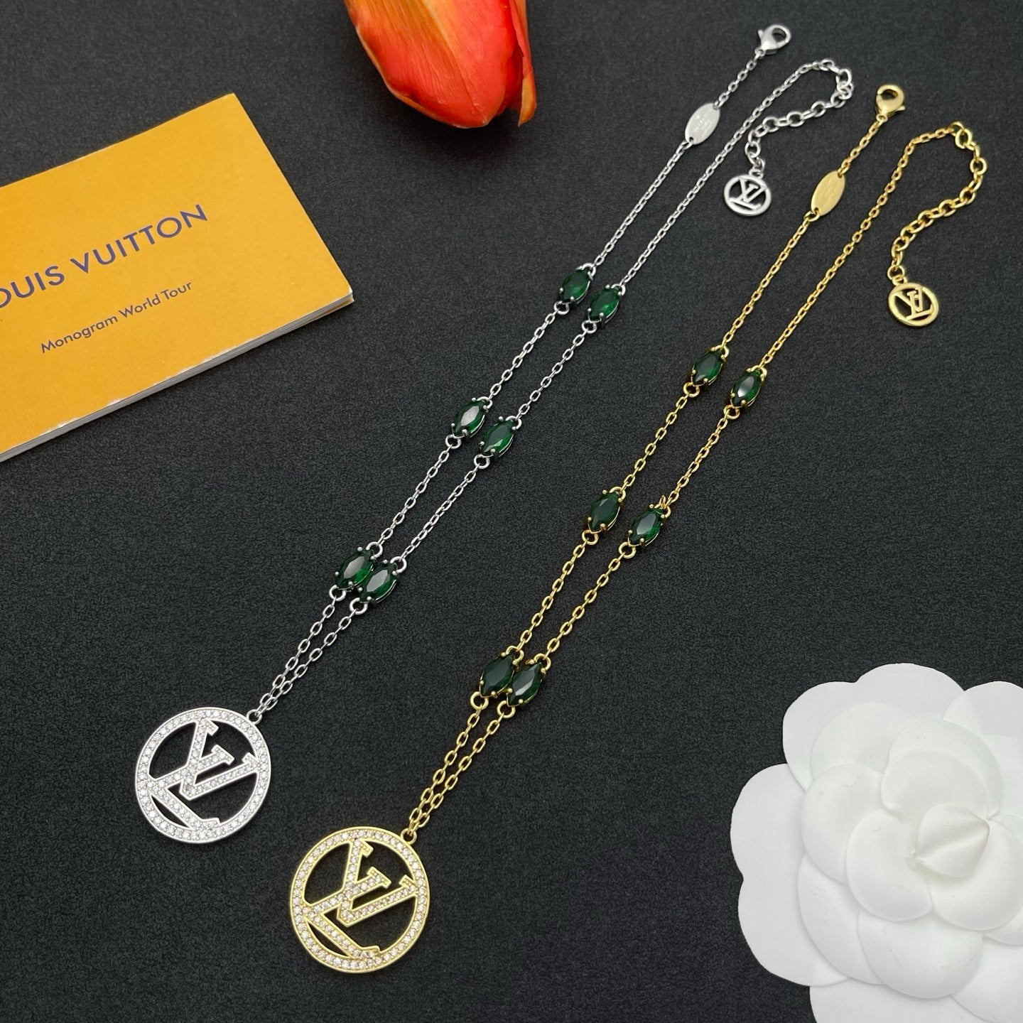 Emerald Oval Stone Chain Necklace with Pavé Circle Medallion