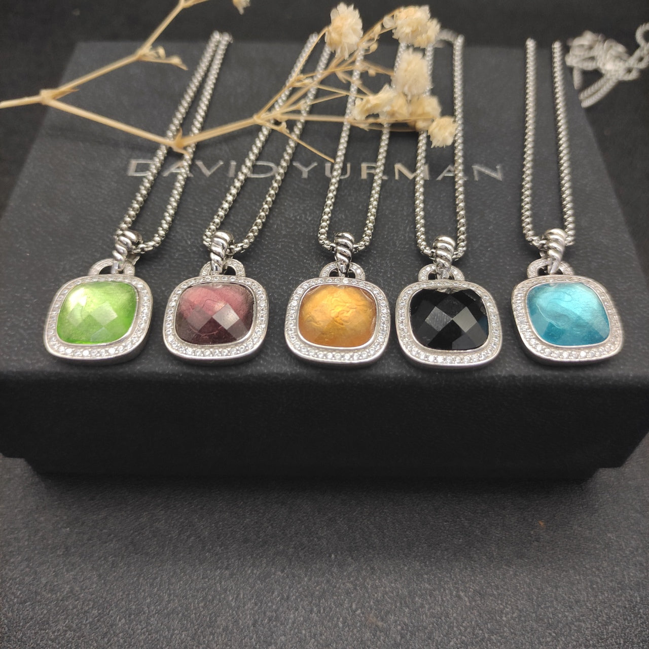 Colorful Crystal Square Pendant Necklace & Ring Set