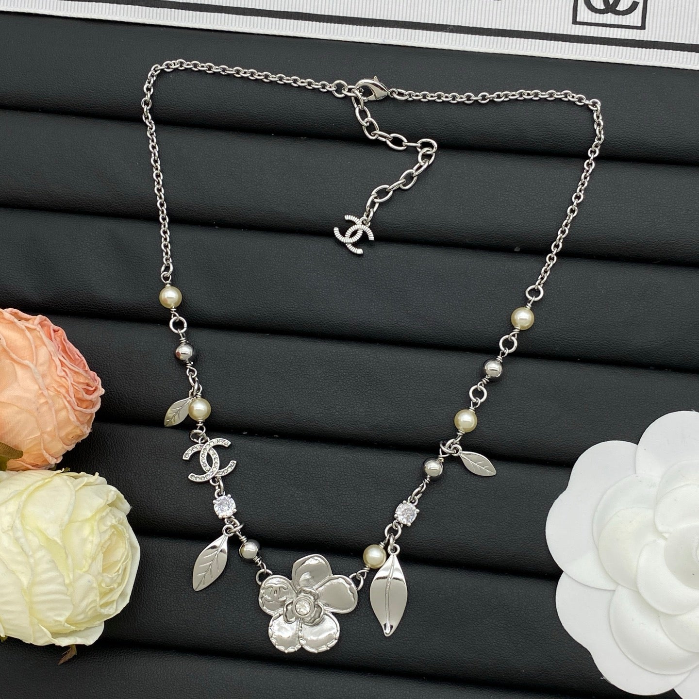 Pearl & Camellia Flower Pendant Long Necklace – Gold & Silver