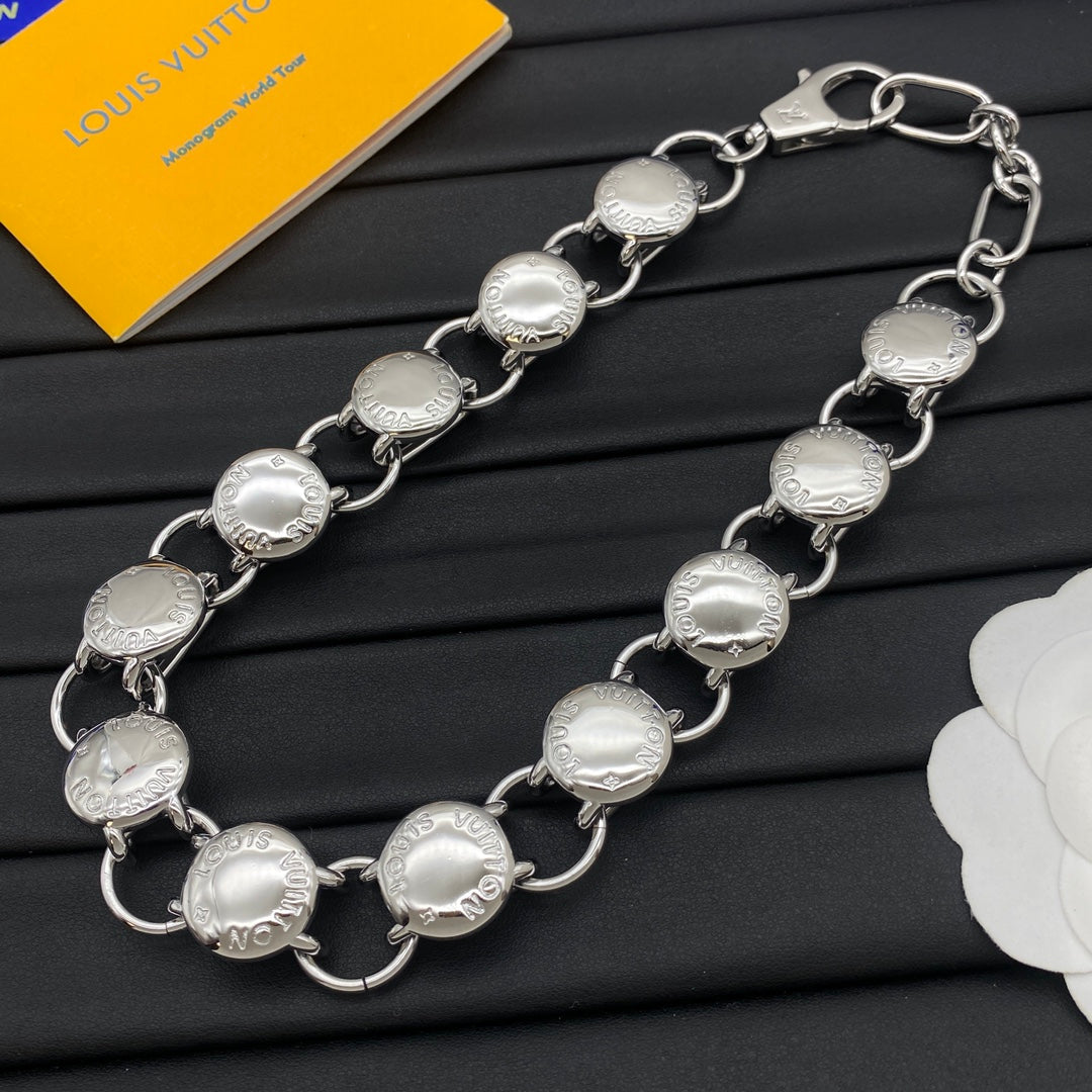 Engraved Coin Disc & Round Link Chain Necklace & Bracelet Set