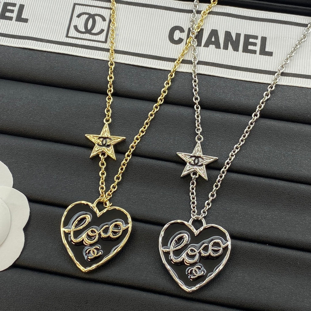 Hollow COCO Heart & CC Star Double Charm Pendant Necklace – Gold & Silver