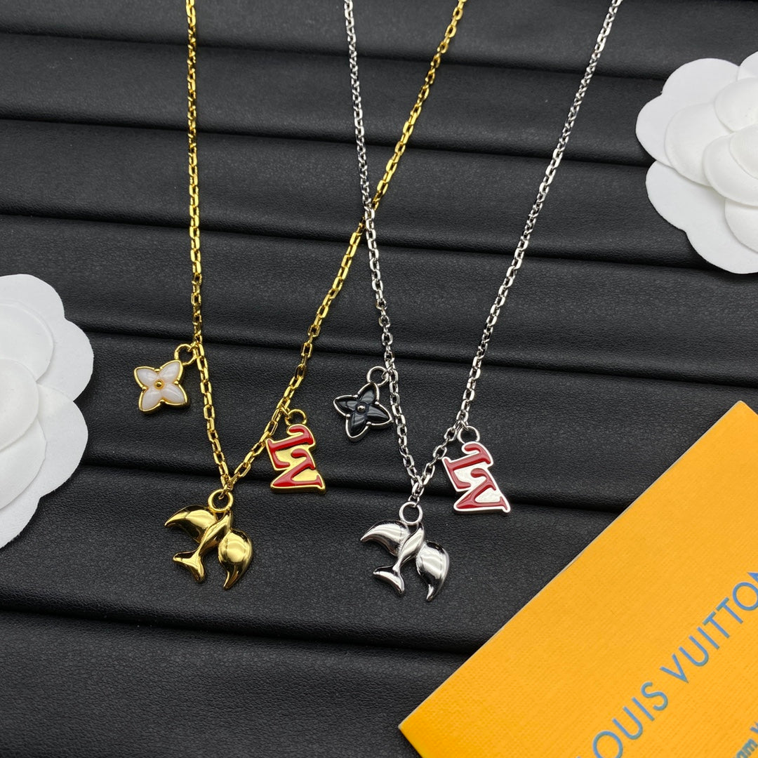 3D Flying Bird & Four-Petal Flower Multi-Charm Cable Chain Necklace