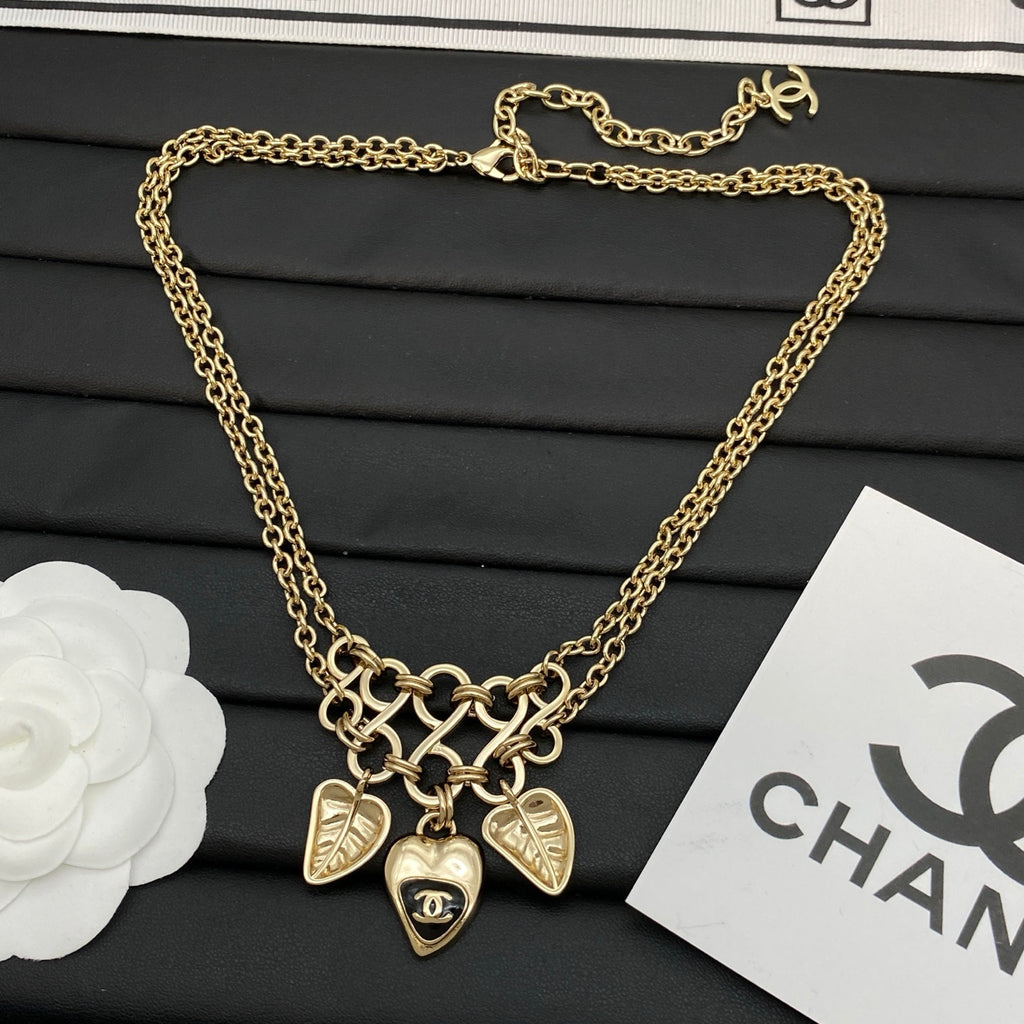 Double Chain Leaf & Heart Charm Necklace | Logo Heart Drop | Chunky Link Center | Gold & Silver Tone