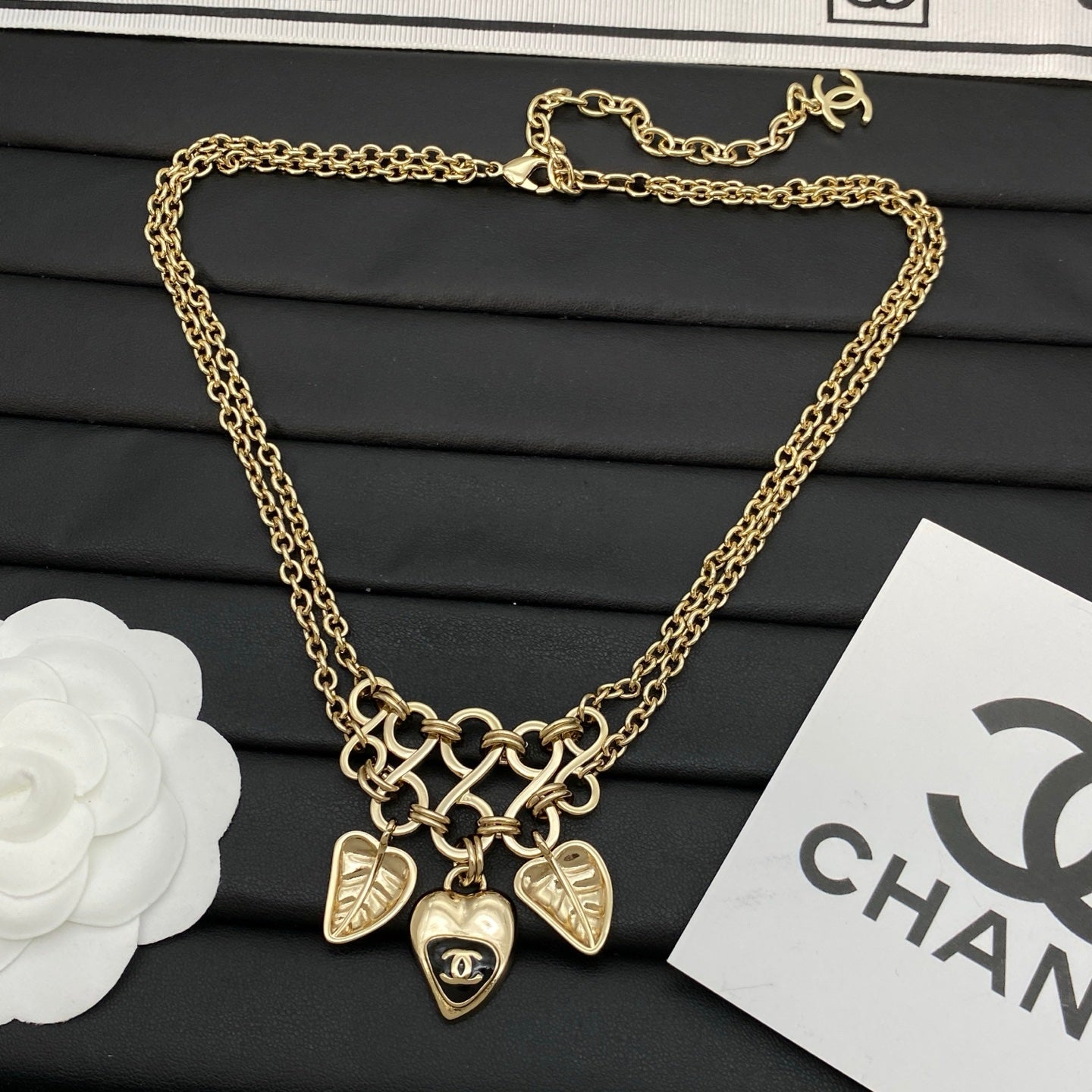 Double Chain Leaf & Heart Charm Necklace | Logo Heart Drop | Chunky Link Center | Gold & Silver Tone