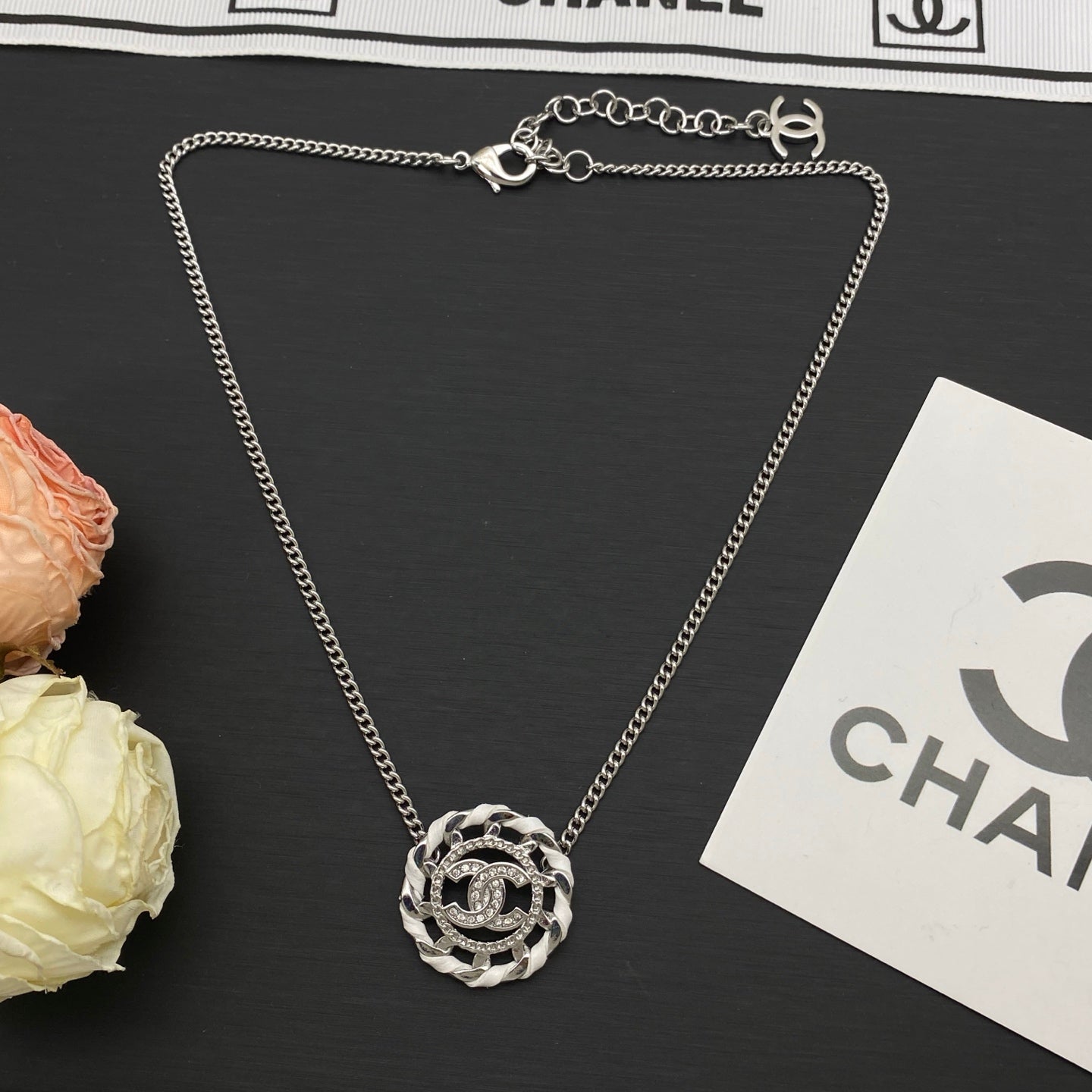 Leather & Chain Circle Pendant Necklace – Crystal Logo | 4 Colors