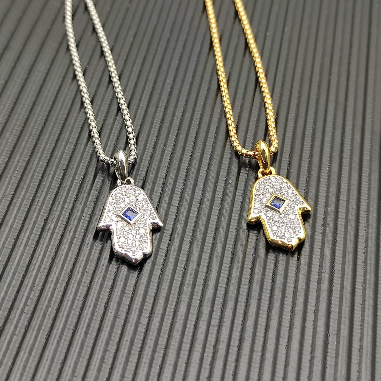 Hamsa Hand CZ Necklace with Blue Stone