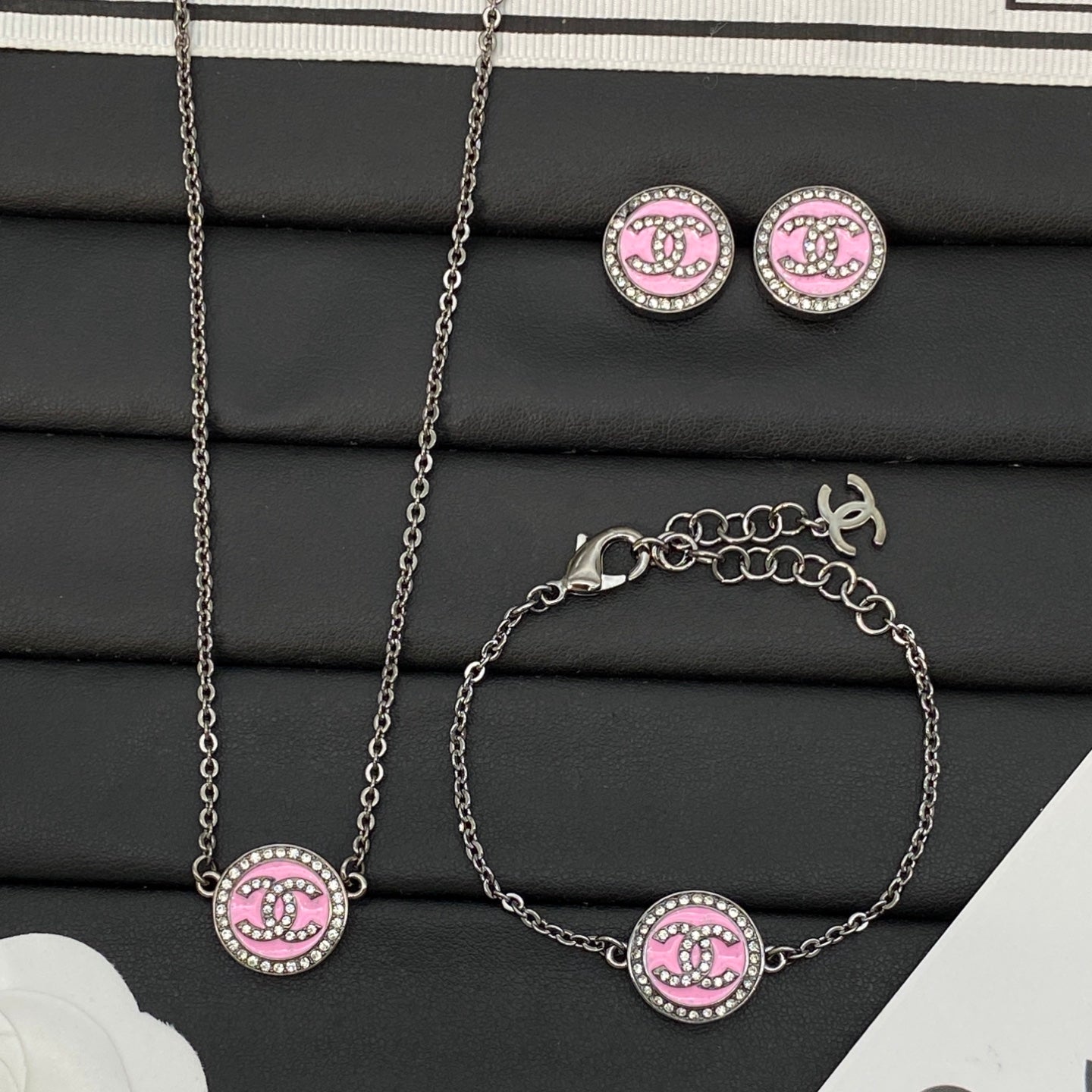 Pink Enamel Circle Logo Jewelry Set | Crystal Halo | Necklace, Bracelet & Stud Earrings | Silver-Tone