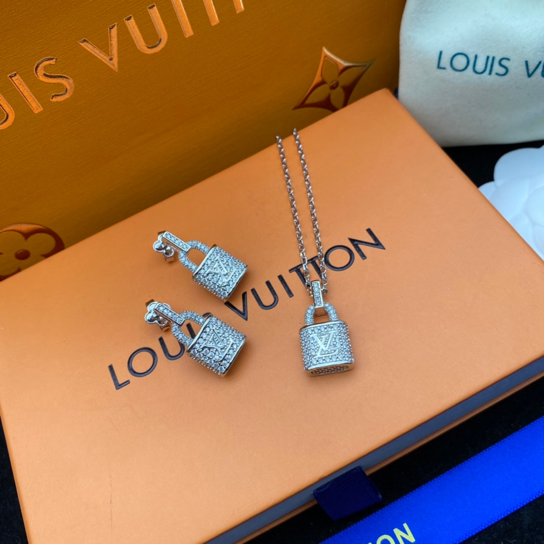 Iced Out Rhinestone Logo Lock Charm Necklace & Dangle Earrings