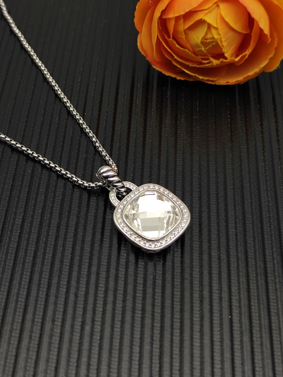 Colorful Crystal Square Pendant Necklace & Ring Set