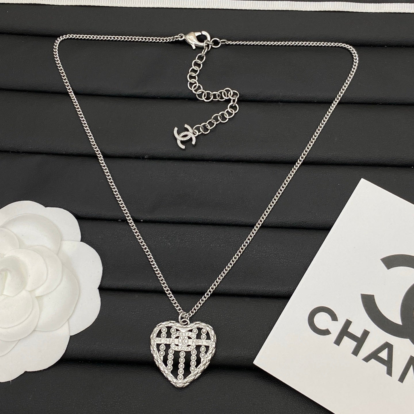 Pearl Grid Heart Pendant Necklace | Crystal Logo | Curb Chain | Gold & Silver