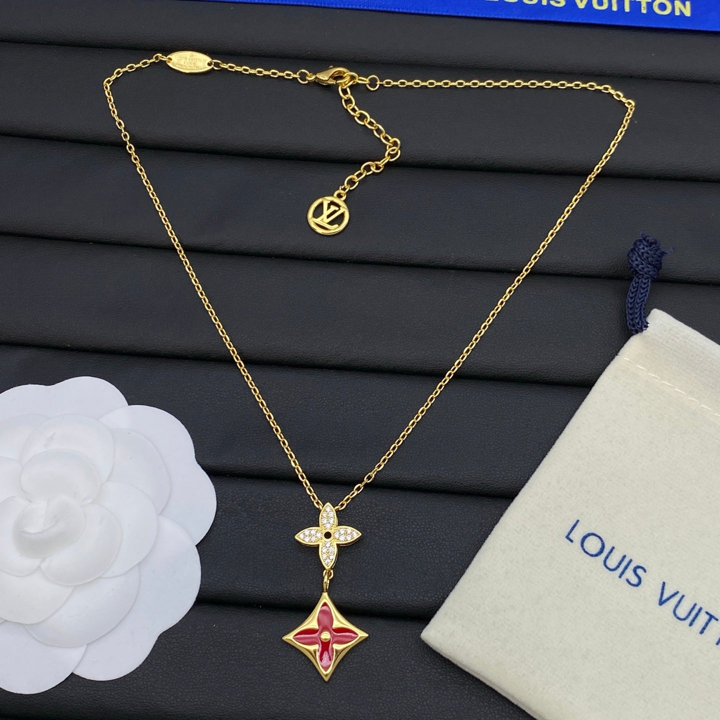 Crystal Four-Petal & Enamel Coin Double Pendant Necklace