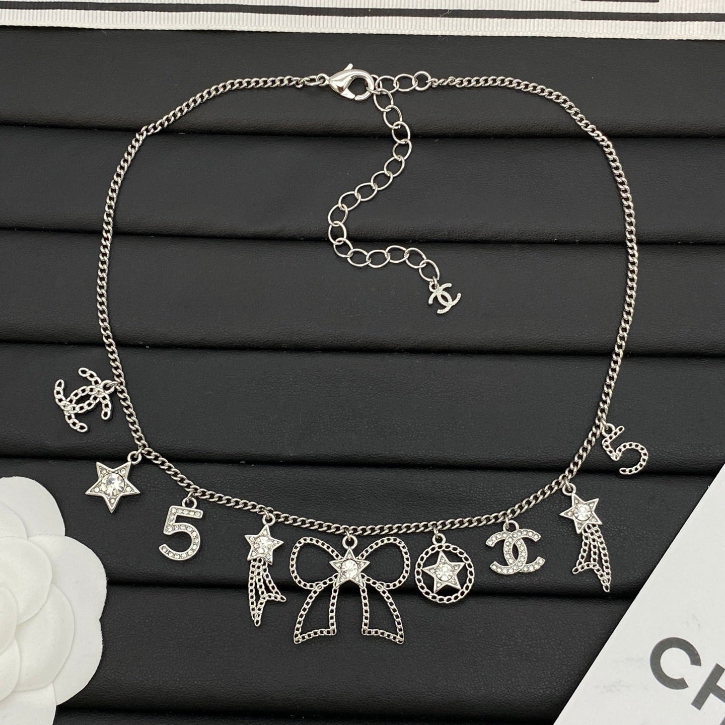 Multi-Charm Station Necklace | Star, Bow & Number Drop | Crystal Accent | Curb Chain | Gold & Silver Tone
