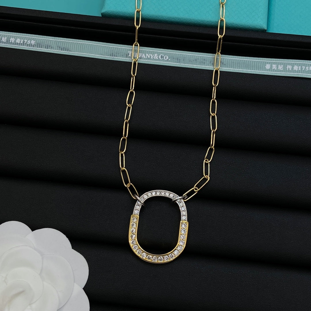 Pavé Crystal Open Square Oval Pendant Paperclip Chain Necklace – 4 Colors