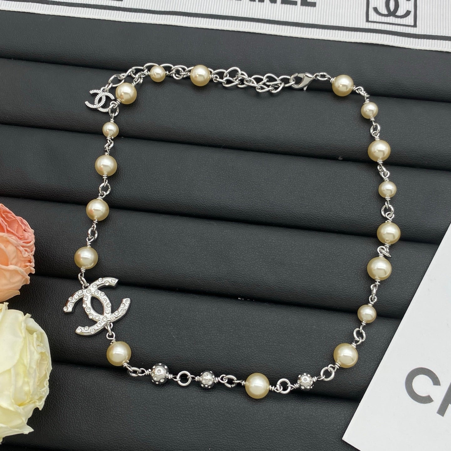 Long Pearl Beaded Crystal Charm Necklace
