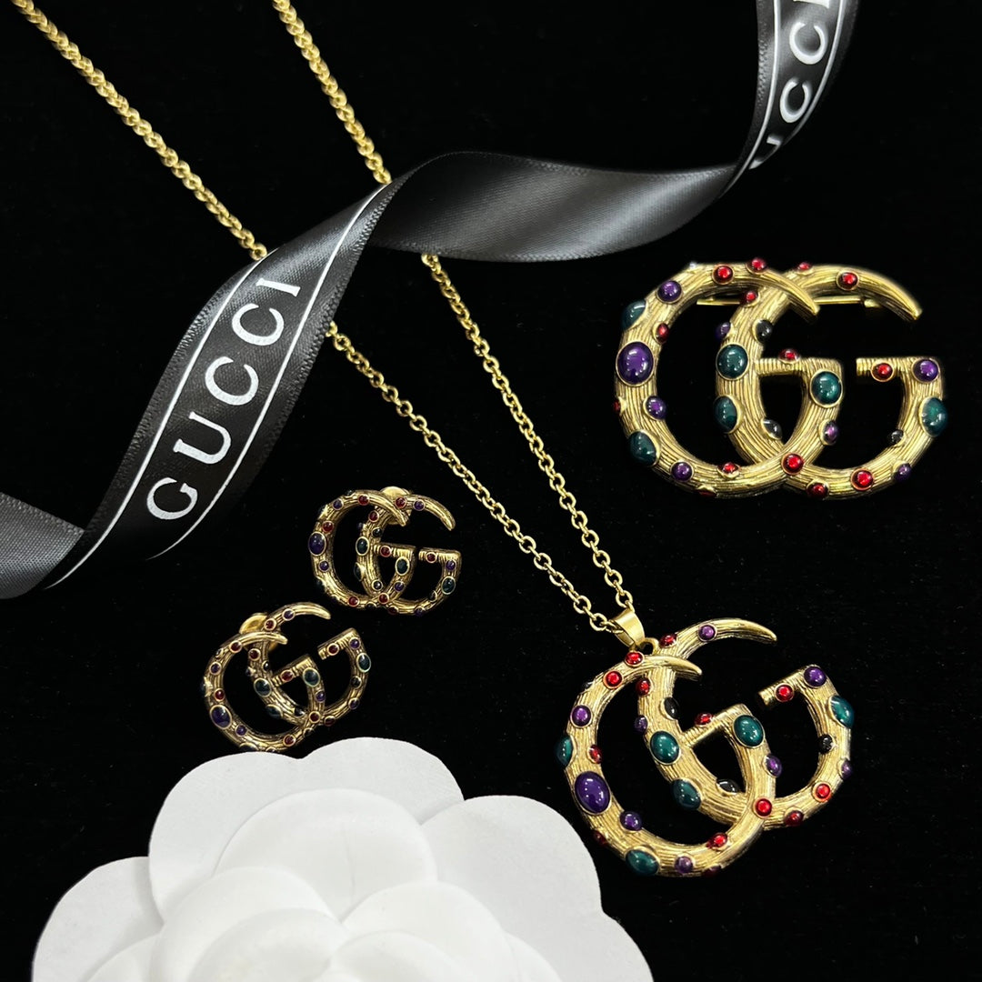 Vintage Multicolor Cabochon Logo Jewelry Set