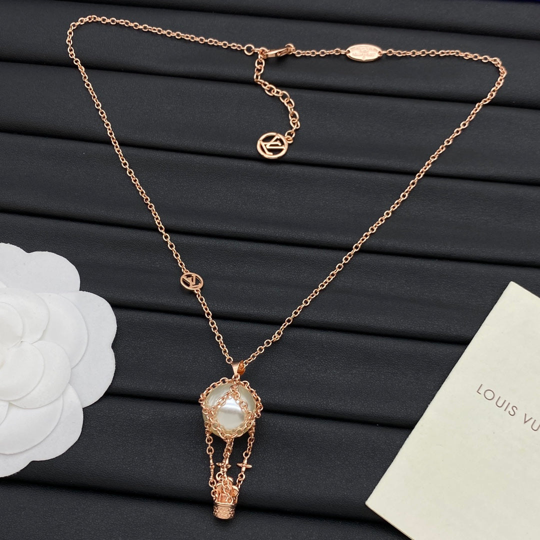 Pearl Hot Air Balloon Chain Cage Pendant Necklace