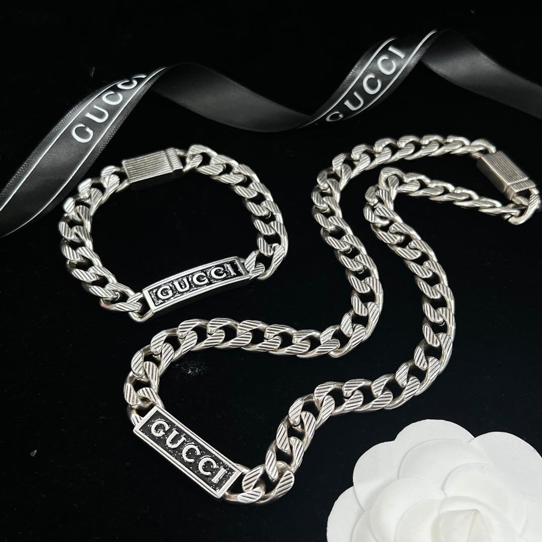 Silver Logo Bar Heavy Cuban Chain Jewelry Set