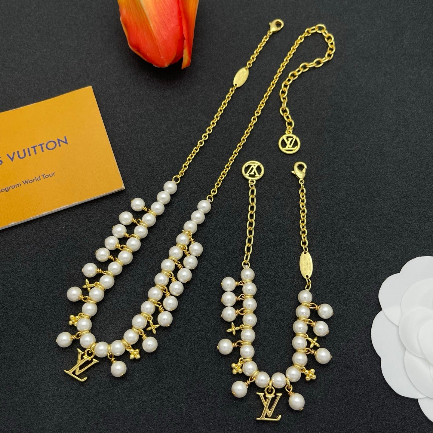 Full Pearl Beaded Logo Charm Necklace & Bracelet Set