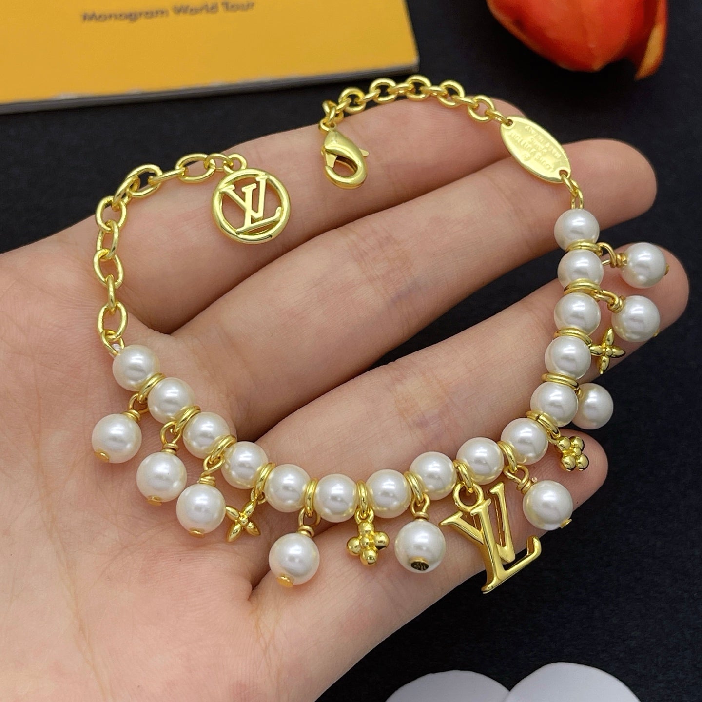 Full Pearl Beaded Logo Charm Necklace & Bracelet Set