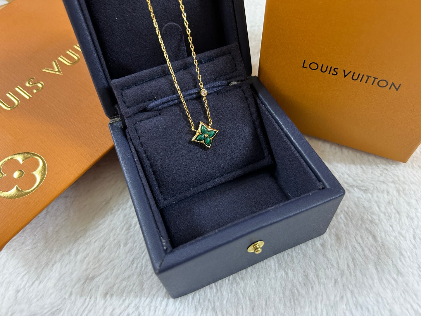 Malachite Green Enamel Four-Petal Flower Pendant Necklace