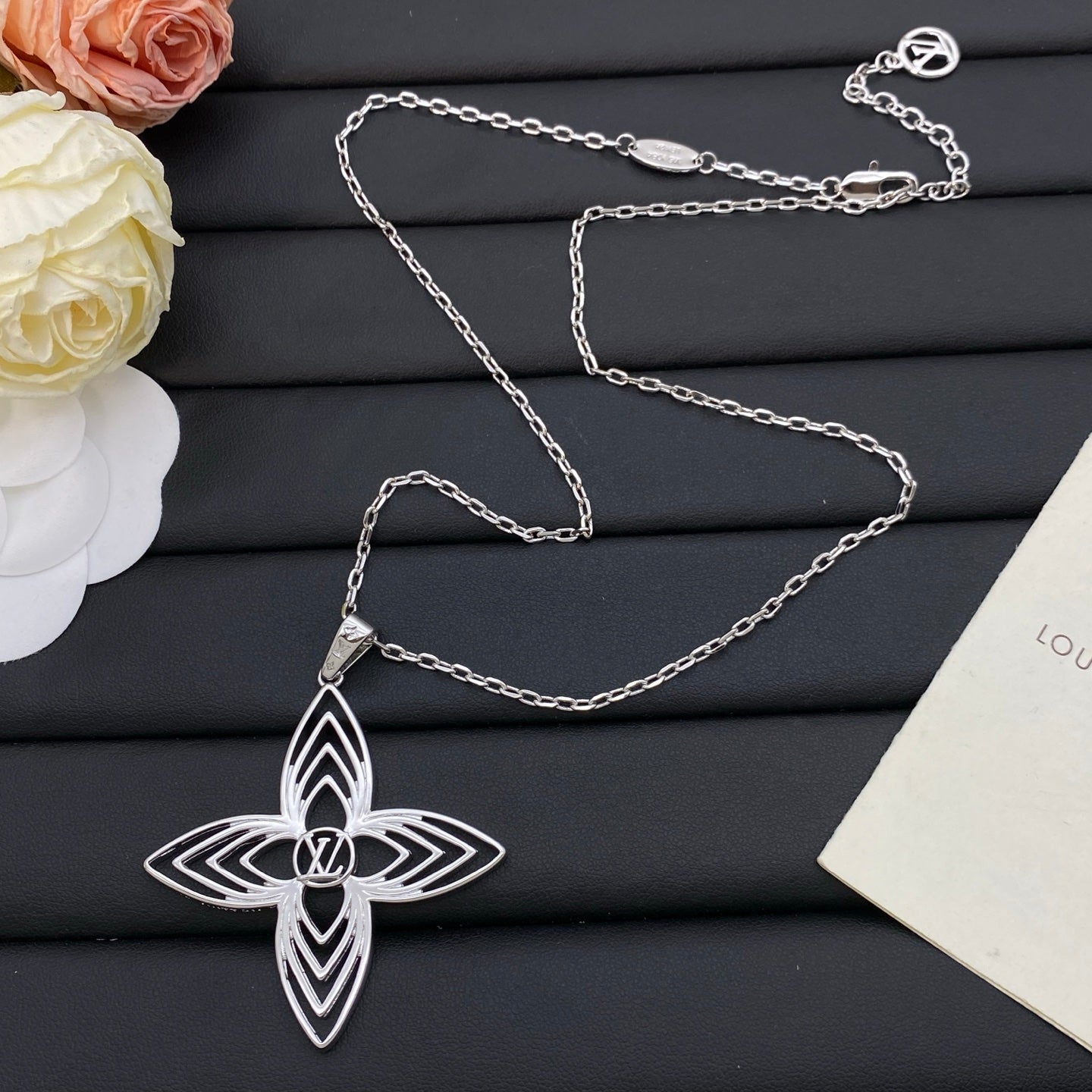 Oversized Hollow Four-Petal Flower Pendant Long Necklace