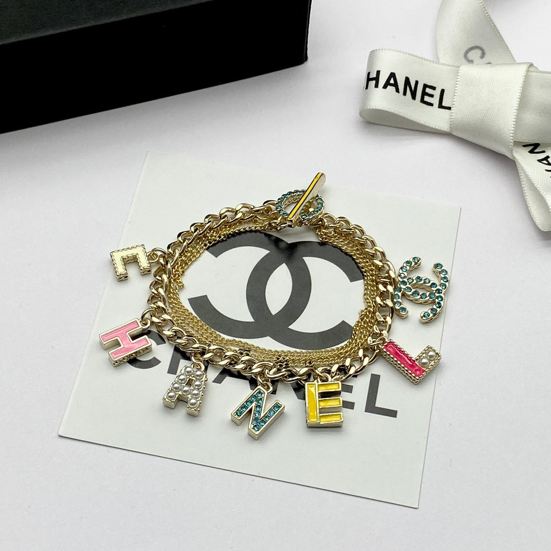 Colorful Enamel Letter Charm Layered Chain Jewelry Set