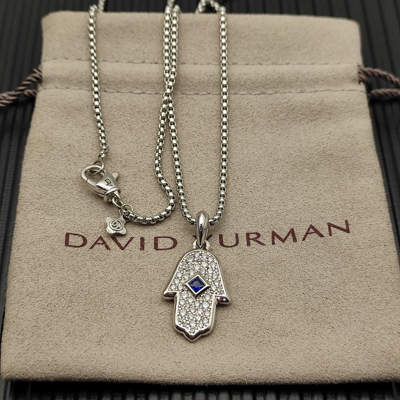 Hamsa Hand CZ Necklace with Blue Stone