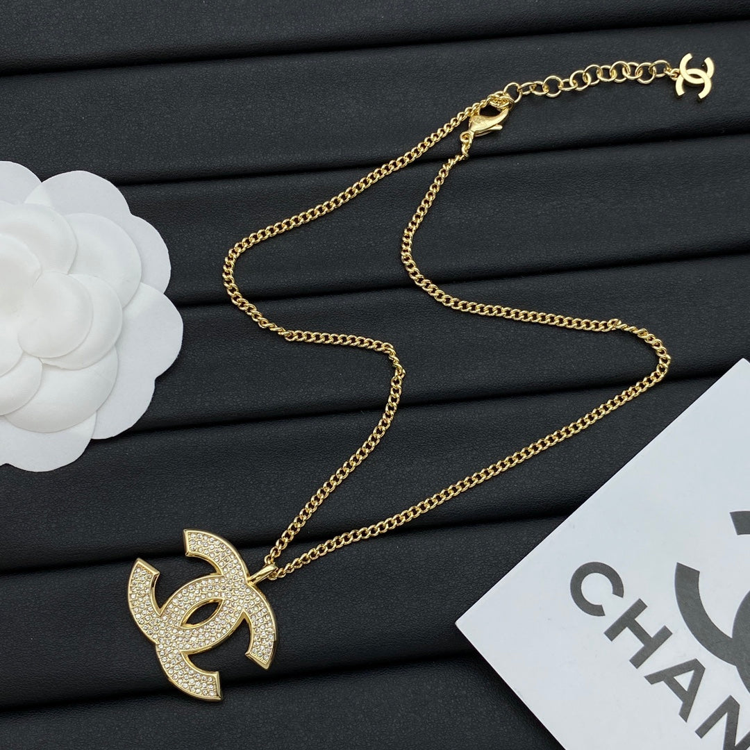 Oversized Full Pavé CC Logo Pendant Long Curb Chain Necklace – Gold & Silver
