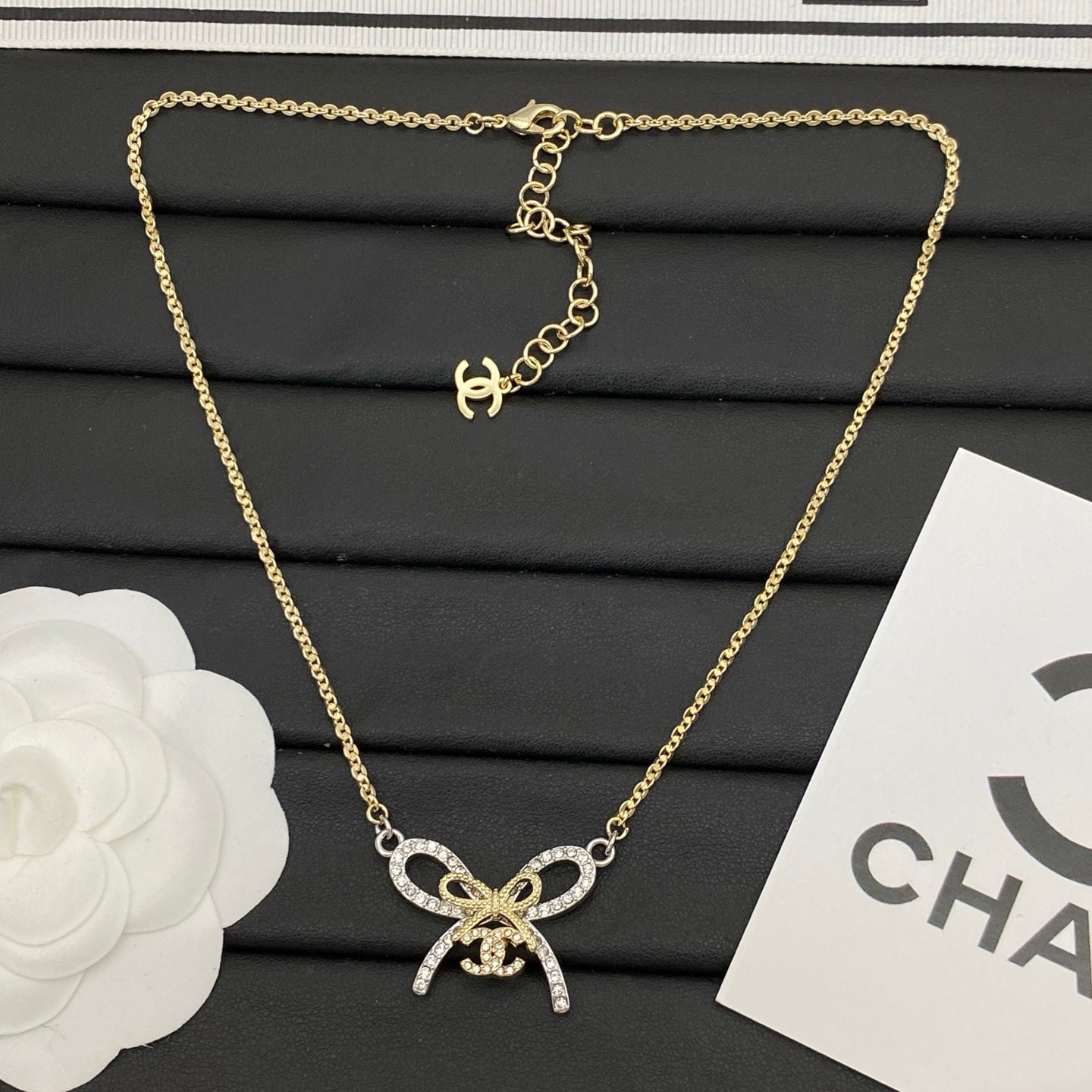 Crystal Pavé Bow Knot Jewelry Set | Logo Charm Clasp | Gold-Tone Necklace & Bracelet