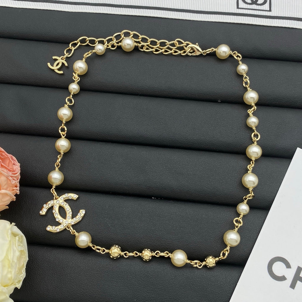 Long Pearl Beaded Crystal Charm Necklace