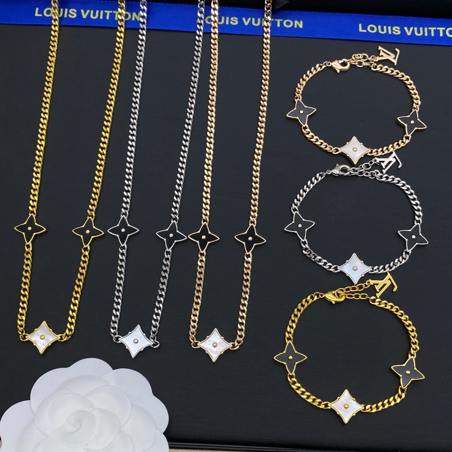 Black & White Enamel Star Flower Cuban Chain Necklace & Bracelet Set