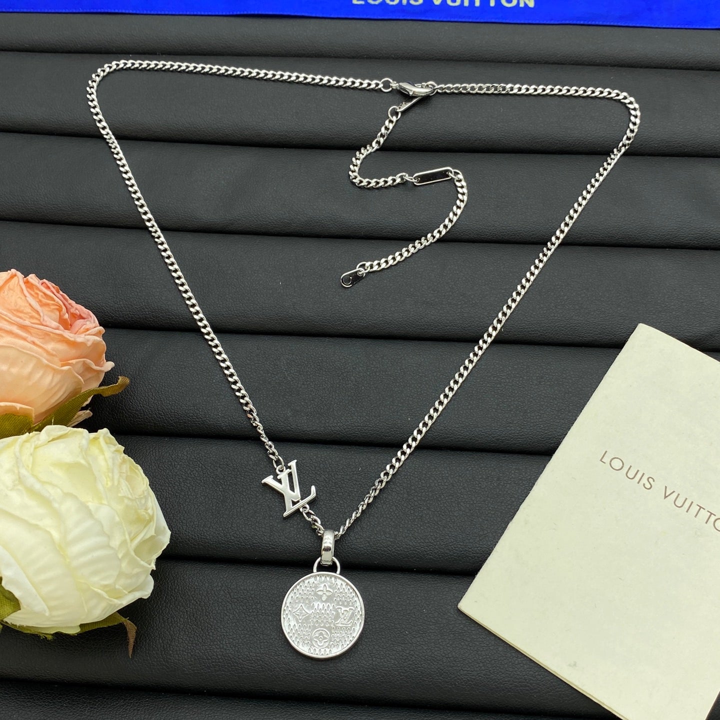 Embossed Monogram Coin Disc Pendant Cuban Chain Necklace
