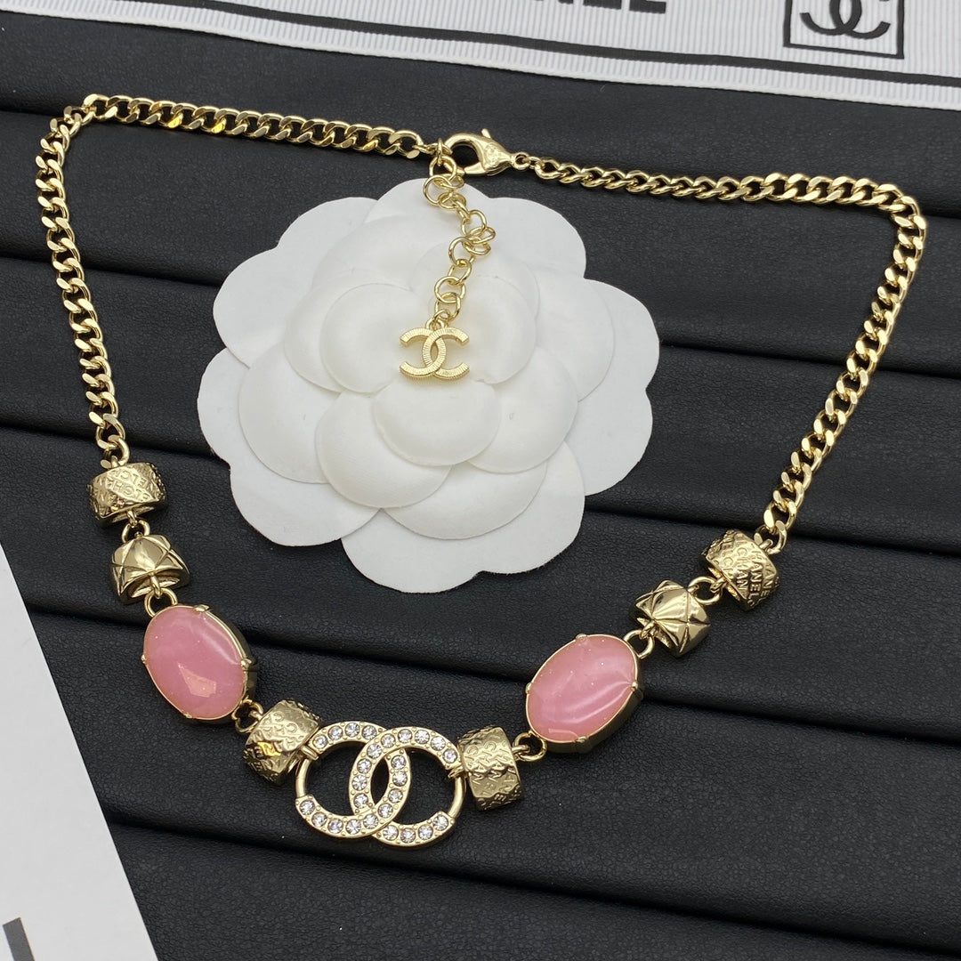 Elegant CC Pavé Pink Stone Quilted Bead Chunky Chain Necklace