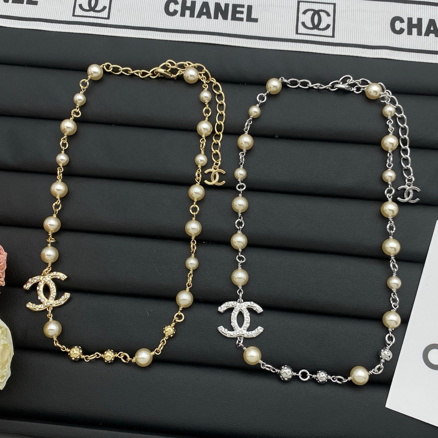 Long Pearl Beaded Crystal Charm Necklace