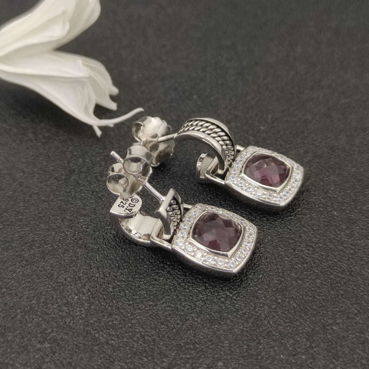 Pavé Halo Cushion Gemstone Drop Earrings