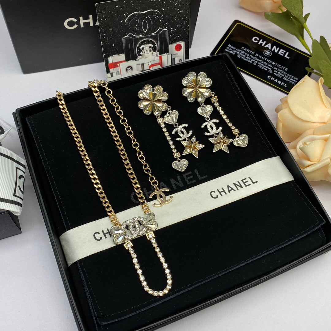 Crystal Bow Tennis Chain Necklace & Multi-Charm Drop Earring Set