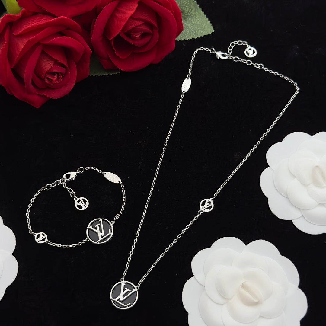 Tone Round Logo Medallion Necklace & Bracelet Set – Black Shell Inlay