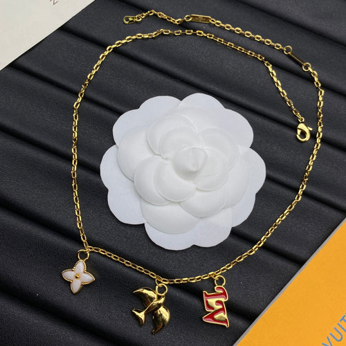 3D Flying Bird & Four-Petal Flower Multi-Charm Cable Chain Necklace