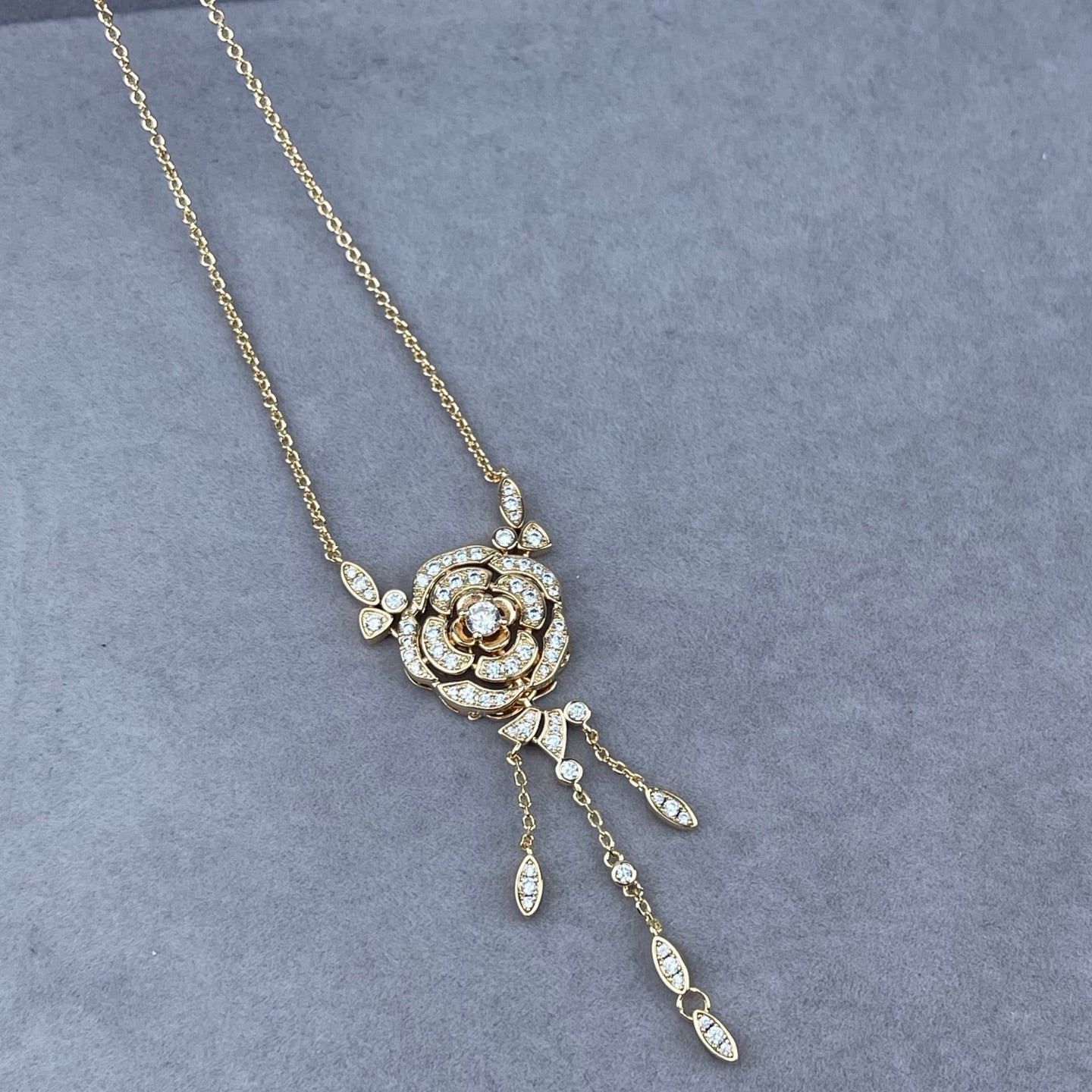 Crystal Pavé Rose Flower Tassel Pendant Necklace