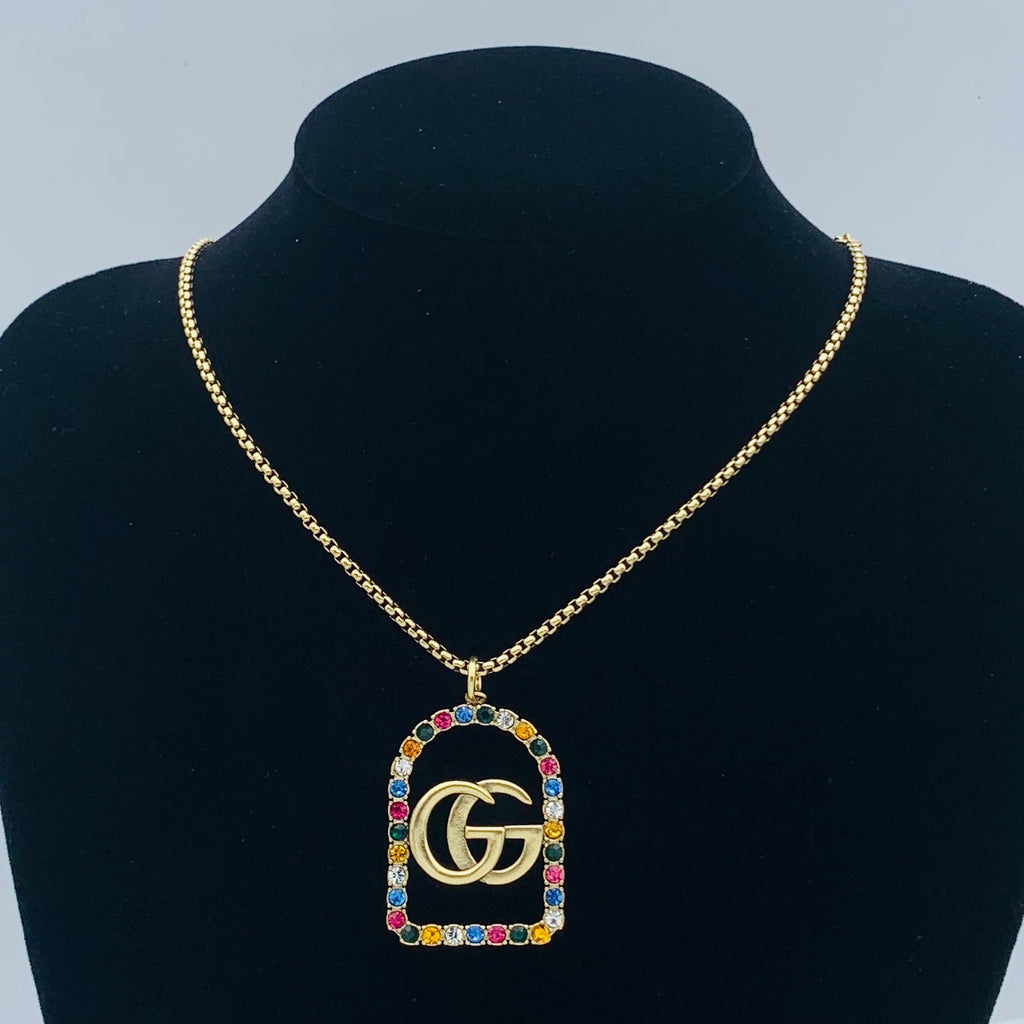 Rainbow Crystal Double Ring Square Pendant Jewelry Set