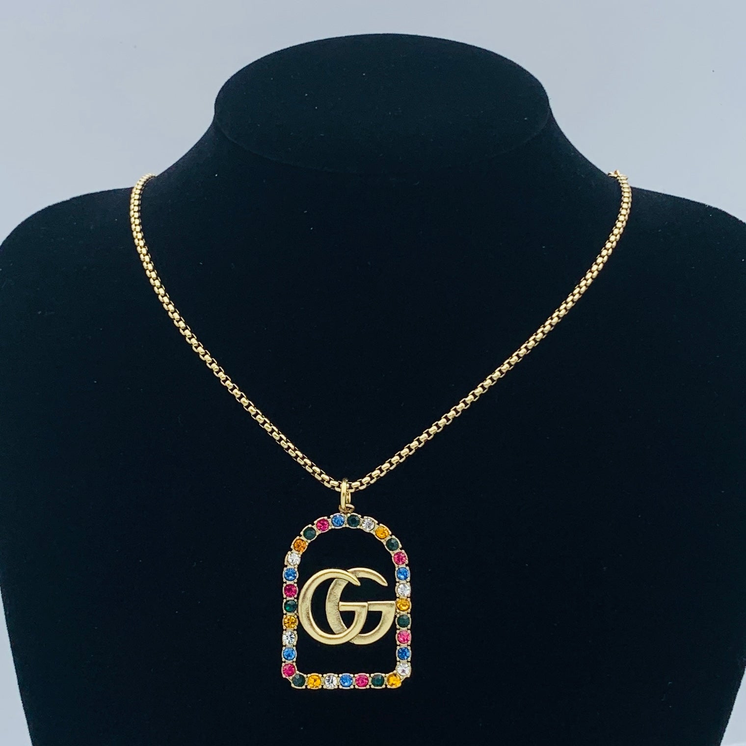 Rainbow Crystal Double Ring Square Pendant Jewelry Set