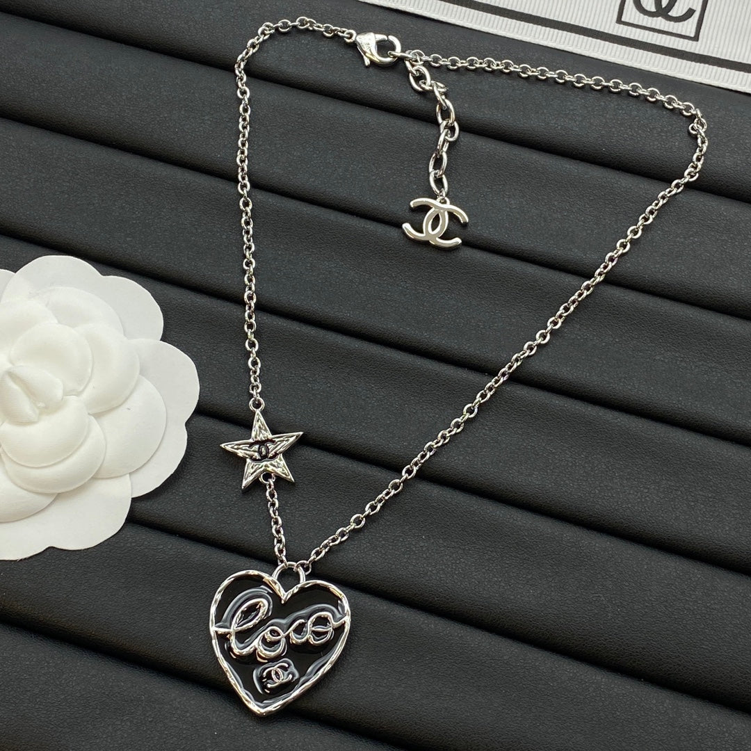 Hollow COCO Heart & CC Star Double Charm Pendant Necklace – Gold & Silver