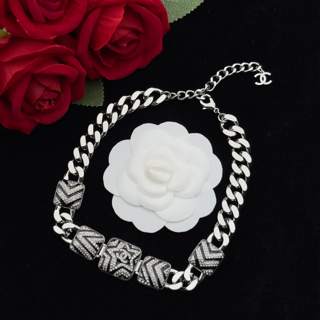 Crystal Chevron & Star Medallion Cuban Link Necklace