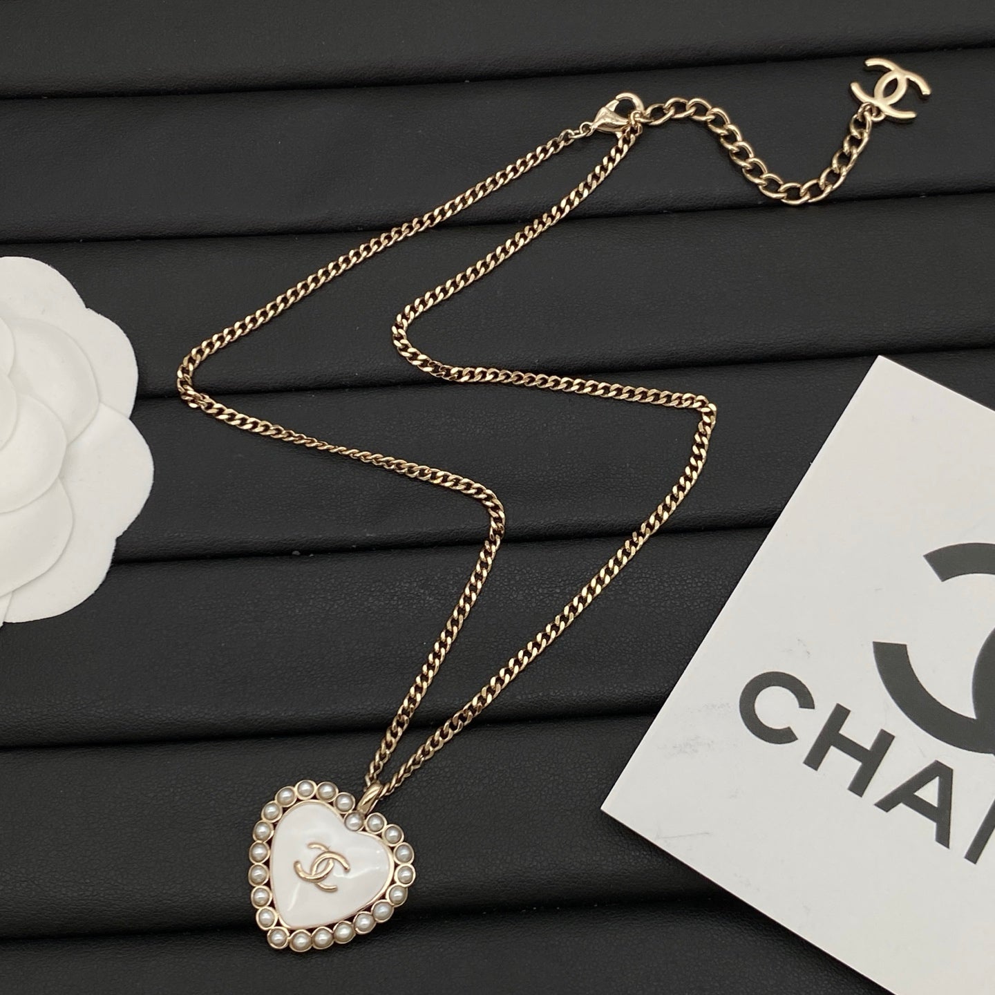 Pearl Halo Heart Pendant Necklace & Stud Earring Set | Enamel Logo | Curb Chain | Black & White