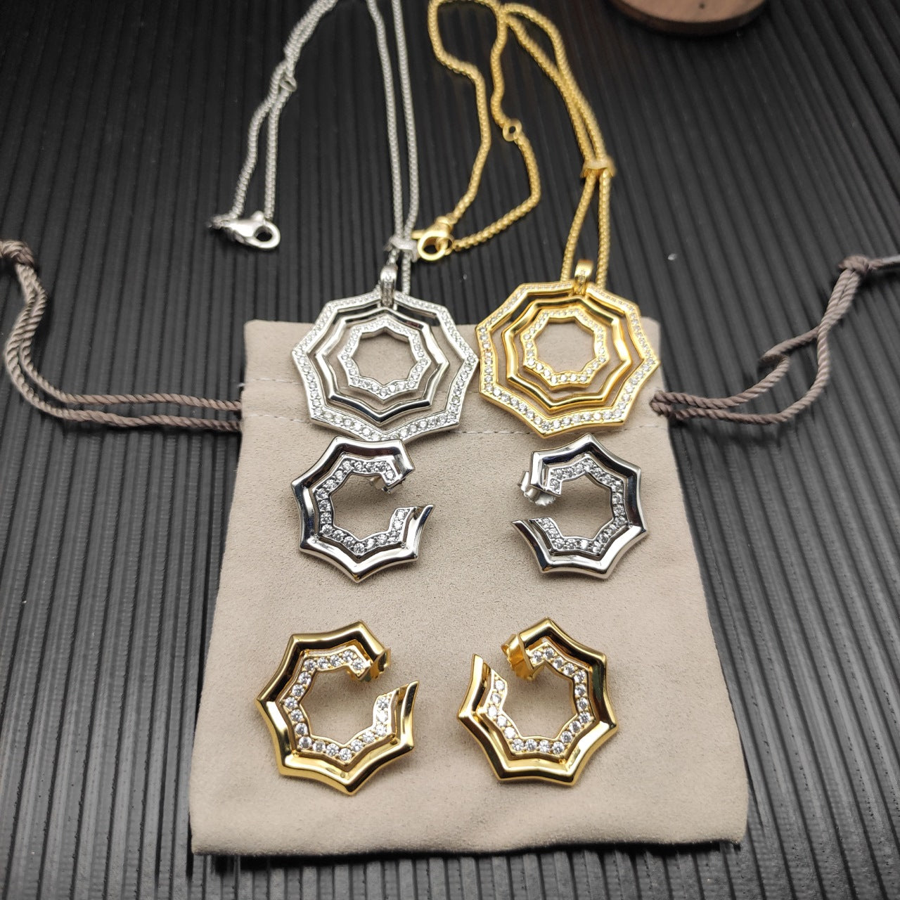 Geometric Octagon Pavé Pendant Necklace & Earring Set