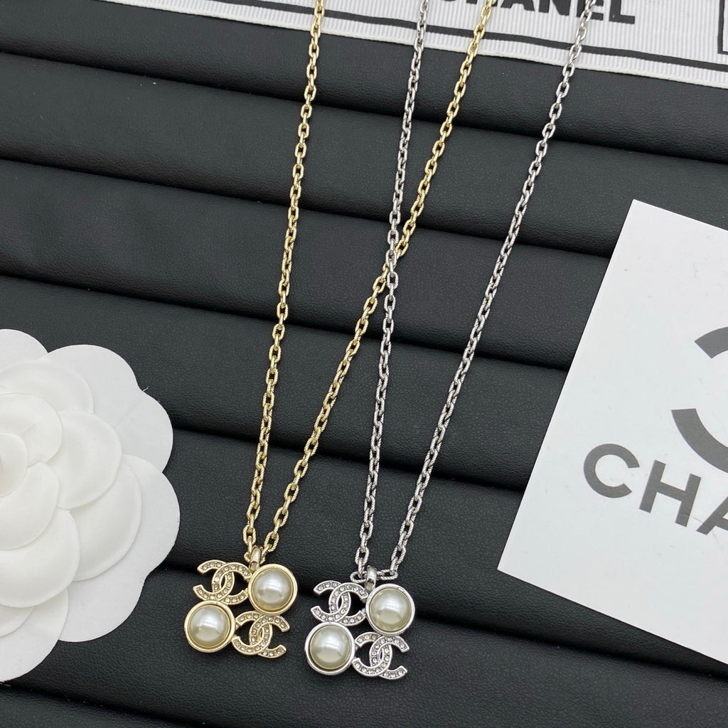 Double Pearl & Crystal Interlocking Charm Pendant Necklace – Gold & Silver